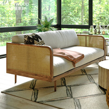 复古木质藤编沙发日式小户型客厅实木双三人茶几组合简约