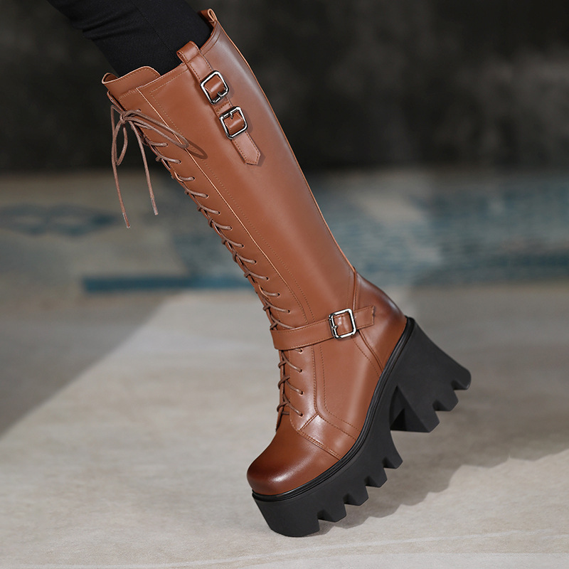 Boot nữ cổ cao phong cách cổ điển, gót 10 cm, khóa dây buộc — Lót nhung đen