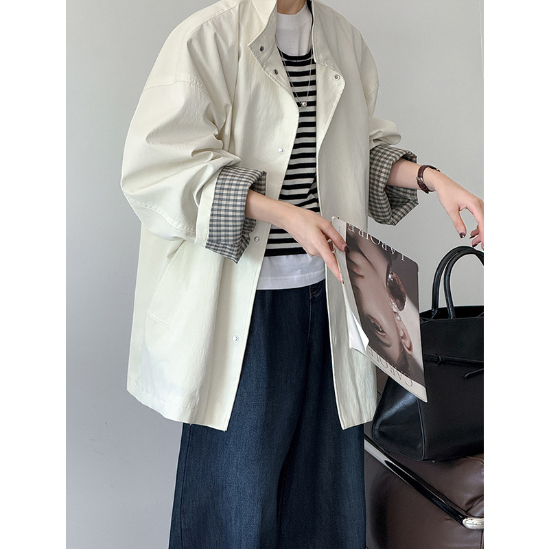 Orange and Blue Spring New Korean Style Color-Blocked Plaid Turn-Down Sleeve Mid-Length Trench Coat in Charcoal Gray Versatile 25273