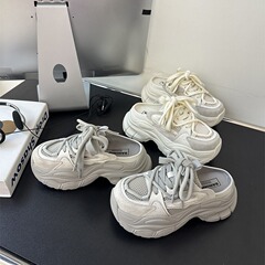 透氣網麵包頭半拖鞋女外穿女2024夏季小個子無後跟厚底老爹鞋女潮