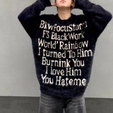 Letter Print Couple Sweater Autumn Winter American Style Trendy Loose Hooded Knit Top Casual Style Cardigan Male
