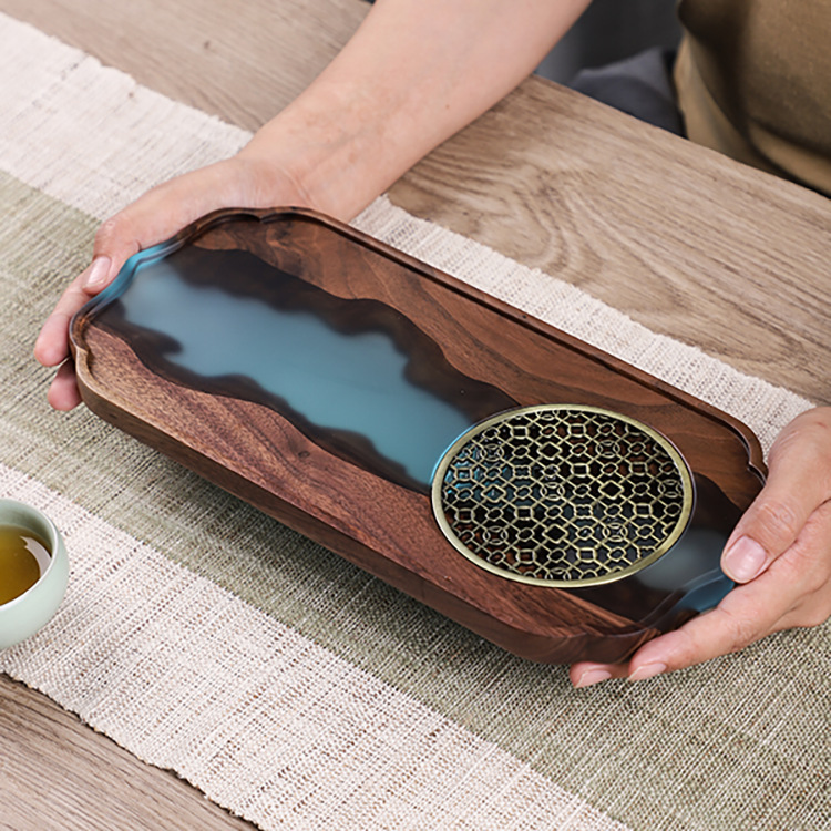 Bandeja de té de resina creativa directa de fábrica ins estilo hogar Luz de lujo norteamericano nogal negro de madera maciza bandeja de té seco