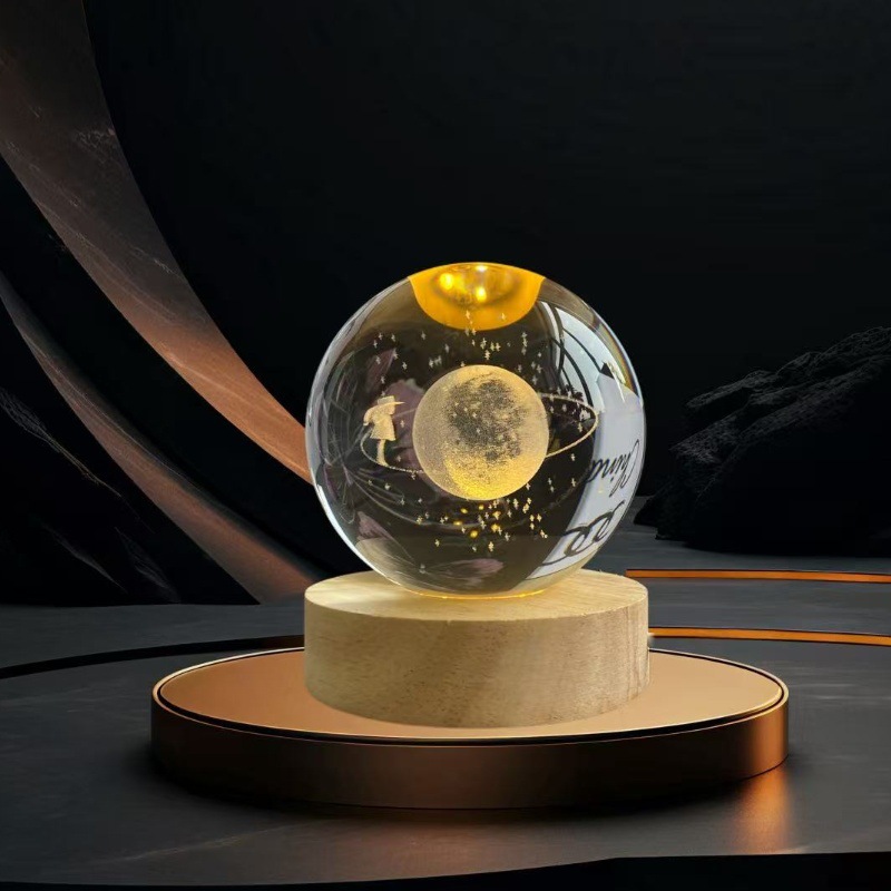 Lámpara de Noche de Cristal con Diseño de Cielo Estrellado 3D, Regalo Navideño, Base Redonda de Madera Luminosa, Lámpara de Mesa, Adorno, Regalo de Navidad