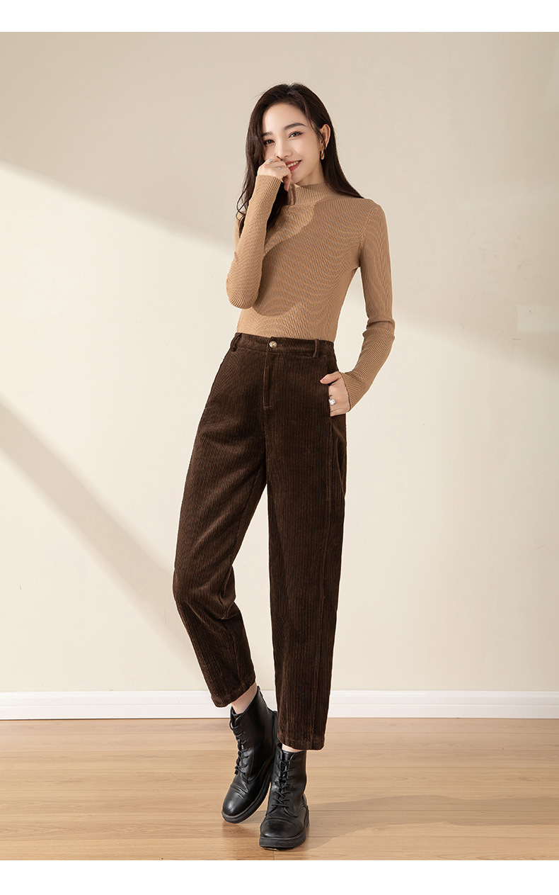 Quần cà rốt nhung kẻ nữ cạp cao ống rộng dáng suông — Màu kaki nhạt chi tiết 19
