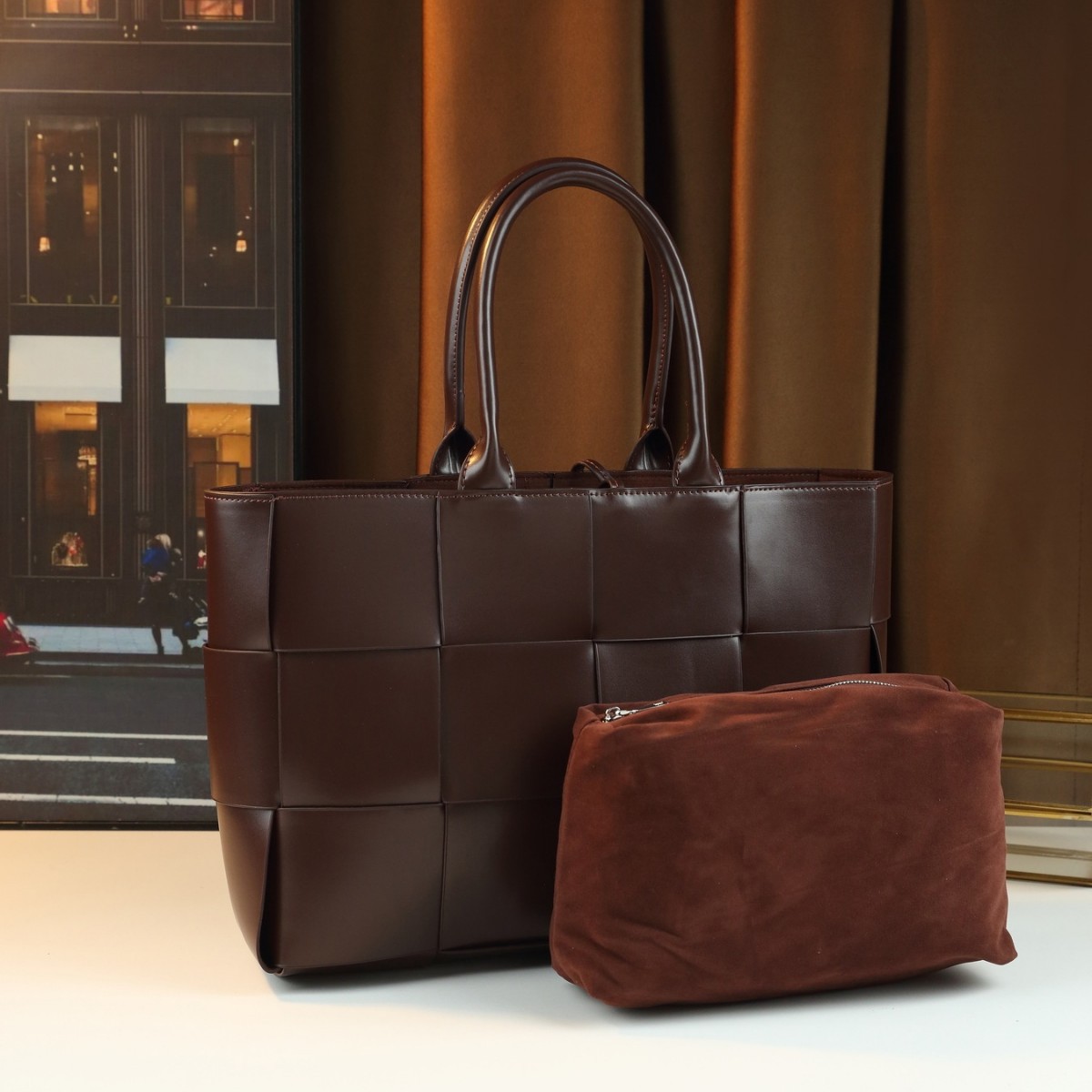 High End Hand Woven Large Capacity Tote Bag For Women Casual Business Use PU Leather Black Blue Zippered Multi-compartment_voghion.com