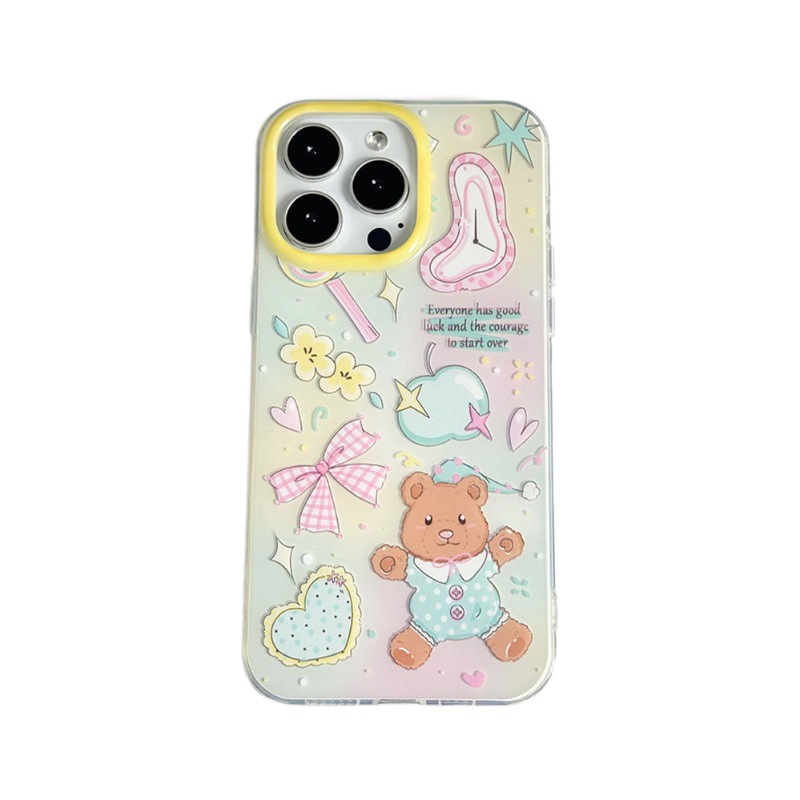Custodia protettiva con cinturino con fiocco 3C Cartoon Bear compatibile con 16PM Cute 13 Phone Case 15 Pro_voghion.com