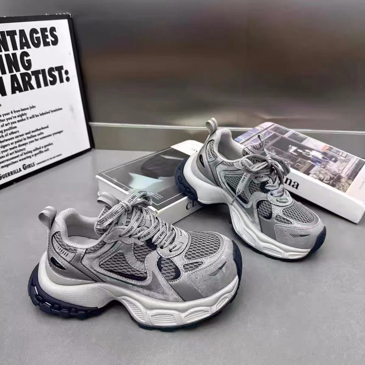 Casual Breathable Mesh Shoes Korean Version 2025 Spring and Autumn New Silver Sneakers Women's Shoes Thick-Soled Height-Increasing Dad Shoes