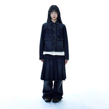 现货 复古日系做旧牛仔外套百褶裙2025秋季女宽松叠穿中裙coyse*o
