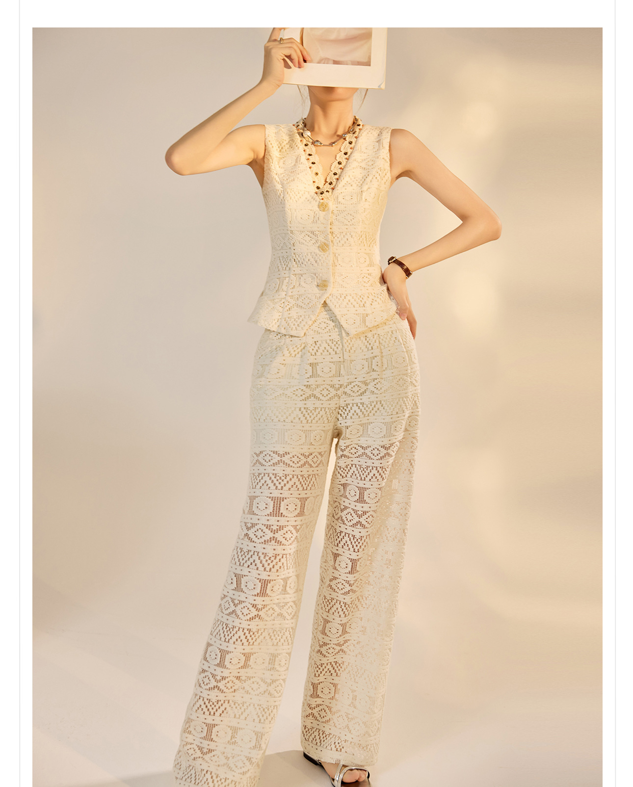 Bộ vest quần dài nữ cổ chữ V khoét lỗ phong cách retro cao cấp mùa hè 2026 — Quần dài, Vest [có dây ruy băng] chi tiết 19