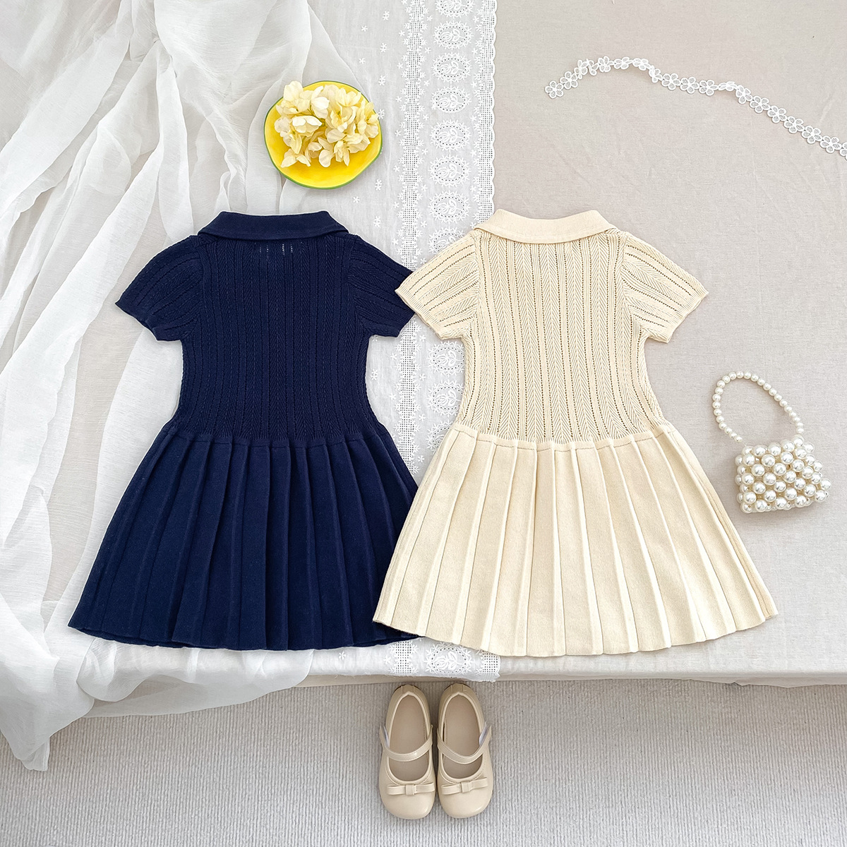 106059819@qq.com Robe printemps-été pour bébé fille, style universitaire, à revers rabattu, manches courtes et col rond_voghion.com