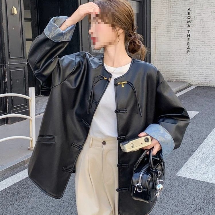 New Chinese Style Leather Jacket for Women in Spring and Autumn New Style National Style Splicing Outer Wear Retro Leather Jacket