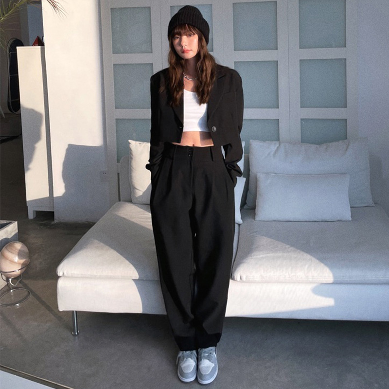 Women's Clothing 2024 autumn temperament short suit top + slim high waist drape suit pants for women_voghion.com