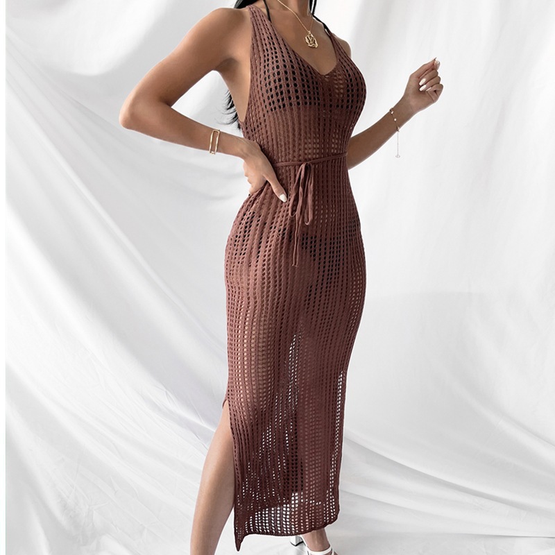 166g Weight Maxi Long Dress Dress Length Type Wholesale Women's Sexy Hollow Out Backless Solid Color Beach V Neck Sleeveless Irregular Skirt