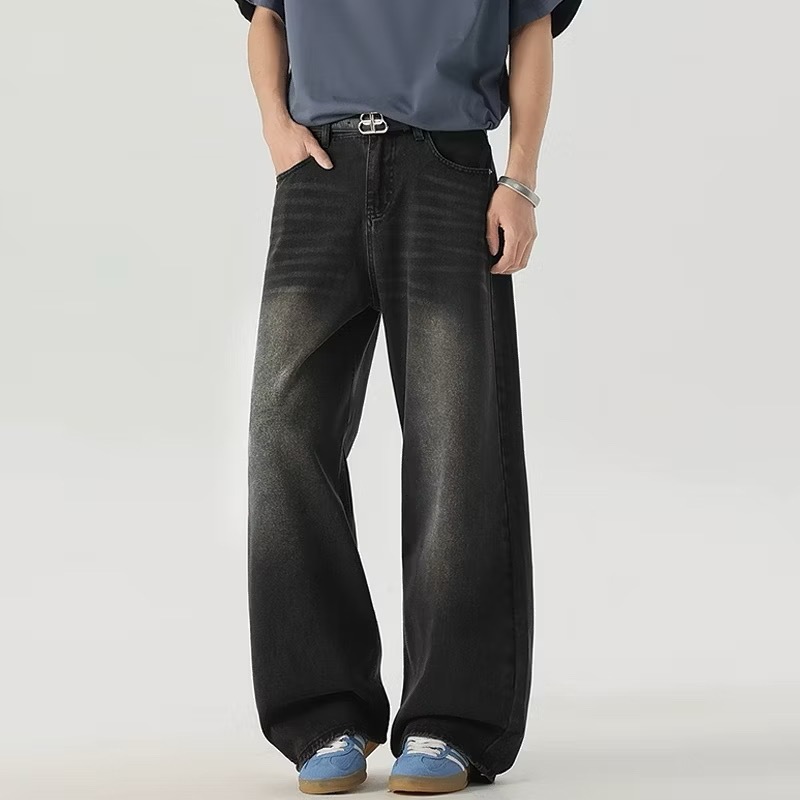 American Retro Silhouette Jeans for Men, Autumn High Street Washed Vintage Trendy Straight Pants, Textured Loose Long Trousers
