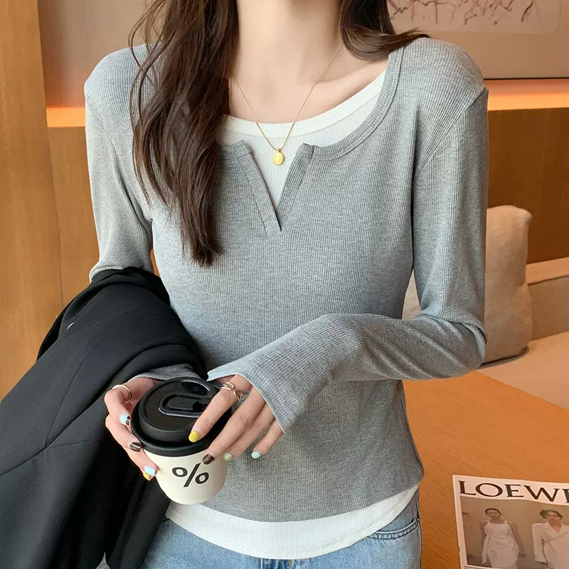 H261假两件设计感长袖T恤女秋季修身显瘦别致绝美上衣圆领打底衫