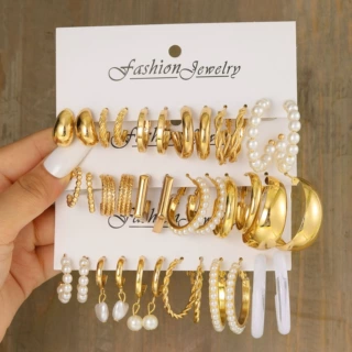 欧美跨境新款创意气质轻奢高级感耳环麻花珍珠耳饰18件套earrings