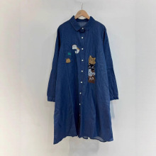2025长款复古深色垂感长款刺绣牛仔衬衫连衣裙