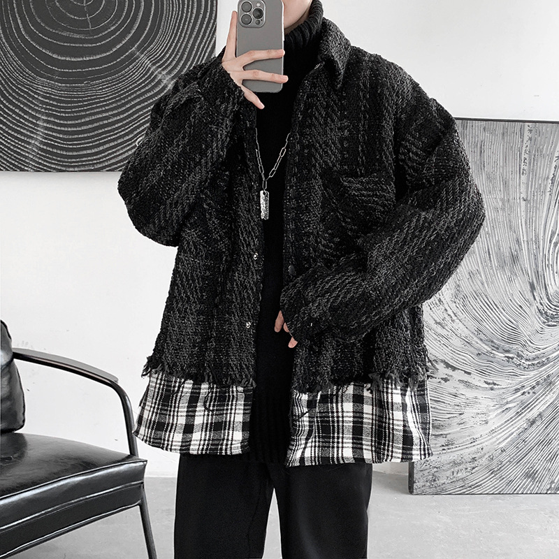 Mr. Fude Small Chanel Style Woven Patchwork Plaid Jacket Men's Fake Two-piece Design Sense Trendy Loose Cotton Jacket