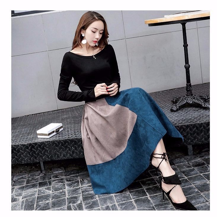 2025新款春秋复古麂皮绒套装裙女装一字肩打底衫秋装时髦两件套
