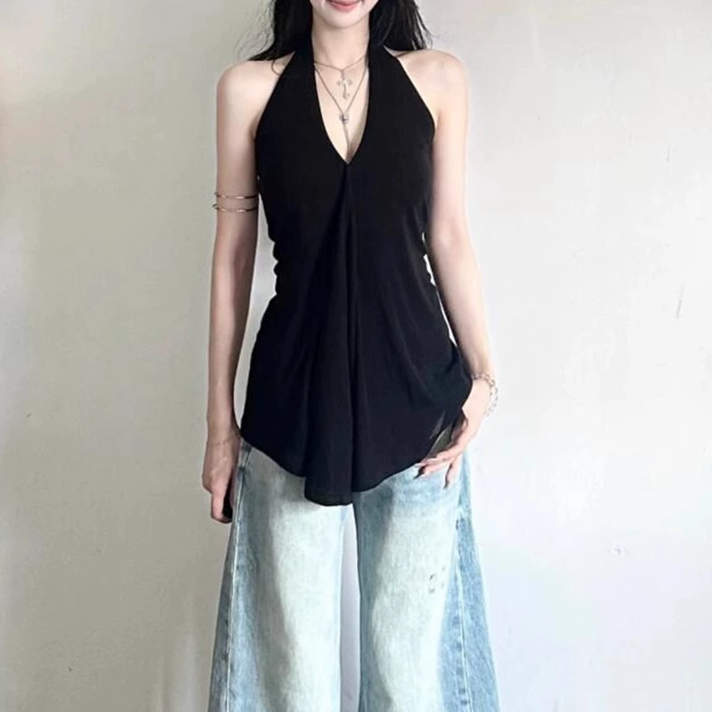 Горячая девушка V-образный воротник нерегулярный черный подтяжка