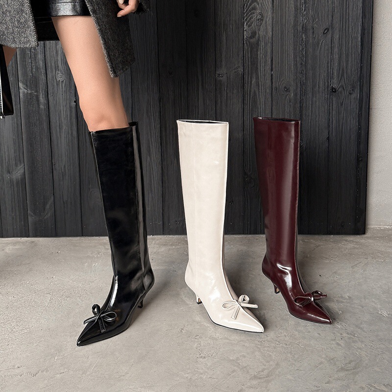 2025 New Autumn and Winter Mid-Heeled French Retro Pointed Bow Kitten Heel No-Knee Boots Fashion Boots Women's Boots 2025 New Autumn and Winter Mid-Heeled French Retro Pointed Bow Kitten Heel No-Knee Boots Fashion Boots Women's Boots