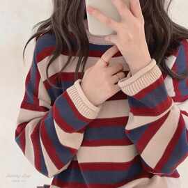 美式复古蓝红条纹针织毛衣外套女春秋日系宽松慵懒风时尚减龄上衣