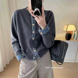 YS跨境日系女装秋冬新款时尚针织开衫牛仔拼接显瘦慵懒风毛衣外套