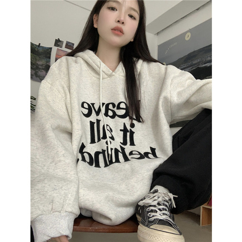 68220#250g Korean Ins Fleece Letter Hooded Sweatshirt Loose Hooded Sweatshirt Long Sleeve Overhead Top Outerwear