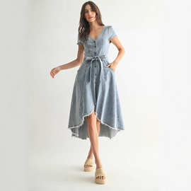 Front Button Down Asymmetrical Denim Dress欧美牛仔连衣裙女