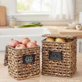 土豆和洋葱收纳箱带盖子的洋葱容器土豆箱,手工编织蔬菜收纳篮