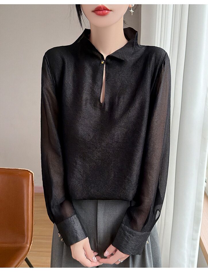 Áo sơ mi nữ cổ đứng tay dài vải Tencel mỏng nhẹ kiểu chui đầu — Màu hồng, Màu trắng, màu đen chi tiết 23