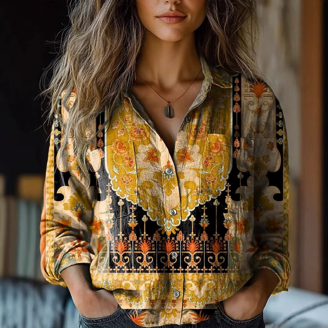 Женская модная рубашка с длинным рукавом, большой размер, с отложным воротником, новая 3D цифровая печать, трансграничная доставка от независимого магазина Amazon