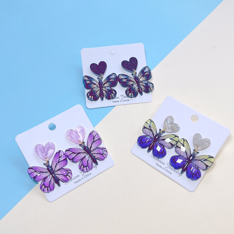Gradient Color, Heart Shape, Butterfly Pattern 1 Pair Sweet Artistic Gradient Color Heart Shape Butterfly Printing Arylic Drop Earrings