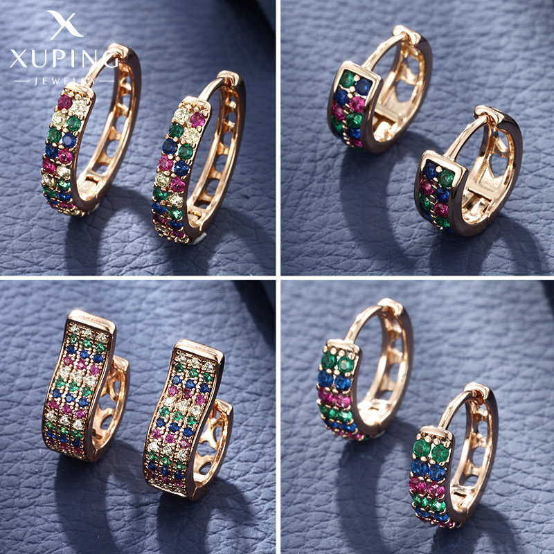 Pendientes de Aro Xuping Jewelry de Aleación de Cobre con Incrustaciones de Gemas Artificiales Coloridas, Pendientes de Diamantes Completos a la Moda Europea y Americana