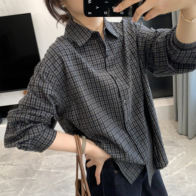 Spring is not late. Women's all-cotton plaid long-sleeved shirt, 2026 autumn new collection, Korean style, loose-fitting, versatile, and casual top for work Spring is not late. Women's all-cotton plaid long-sleeved shirt, 2026 autumn new collection, Korean style, loose-fitting, versatile, and casual top for work