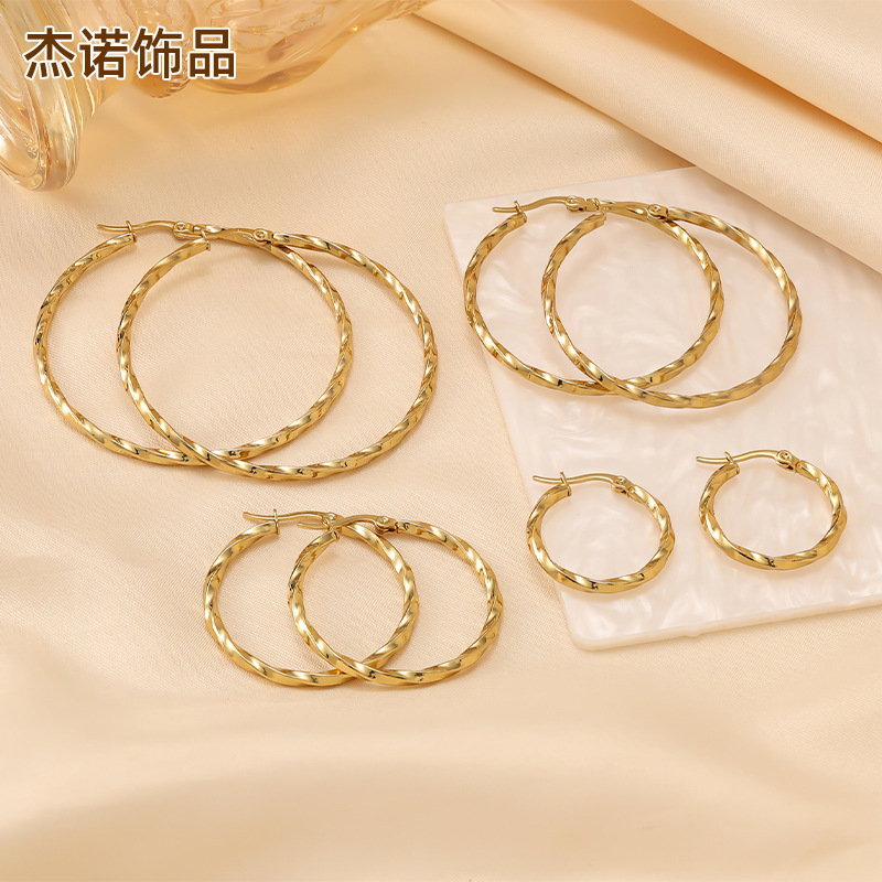 跨境素圈耳环简约旋转钮纹圆形耳饰品夸张大圆圈不锈钢耳环批发|undefined