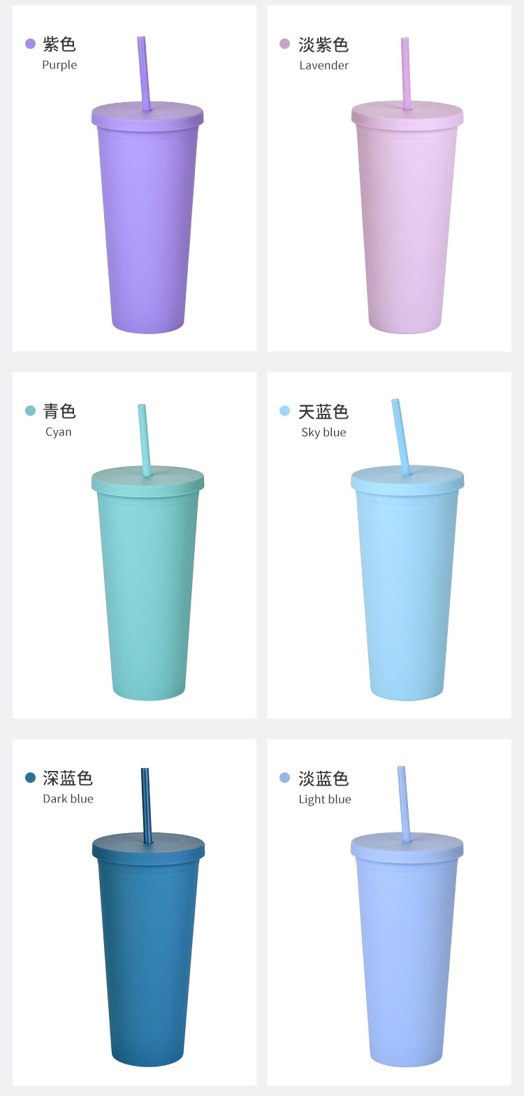 Solid Color Pattern Double-layer Plastic Straw Cup With Lid 24oz Large-capacity Plastic Frosted Ready-to-hand Water Cup