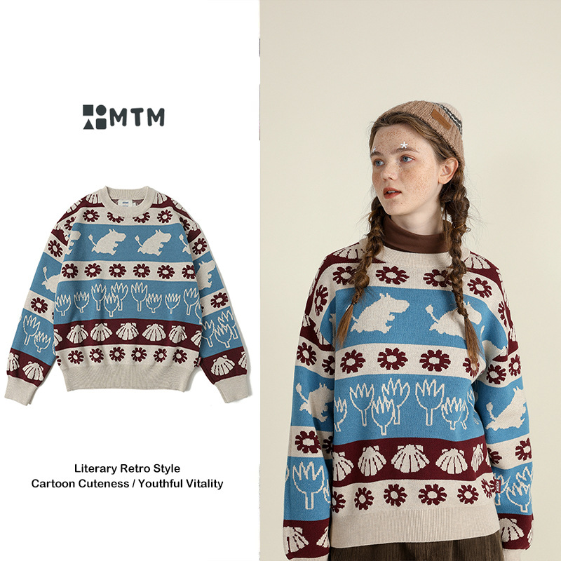 Japanese lazy retro cartoon illustration sweater Hong Kong style loose pullover thick sweater coat autumn winter 2023