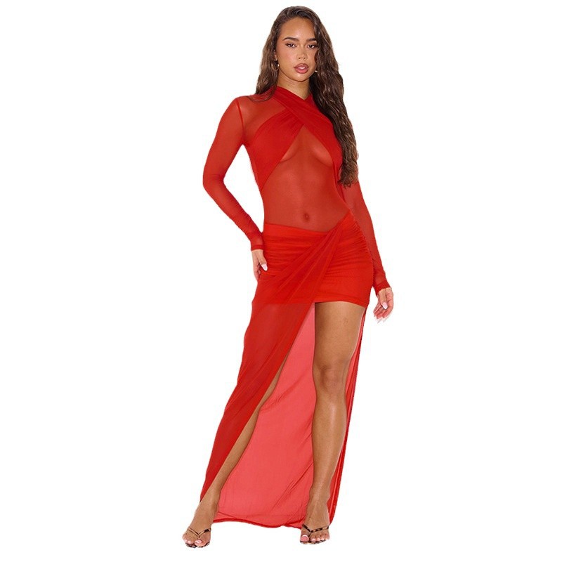 Europa y los Estados Unidos de la ropa de mujer cruzada sexy perspectiva hilo de malla transfronterizo nuevo cuello redondo rojo delgado vestido de cadera mujer