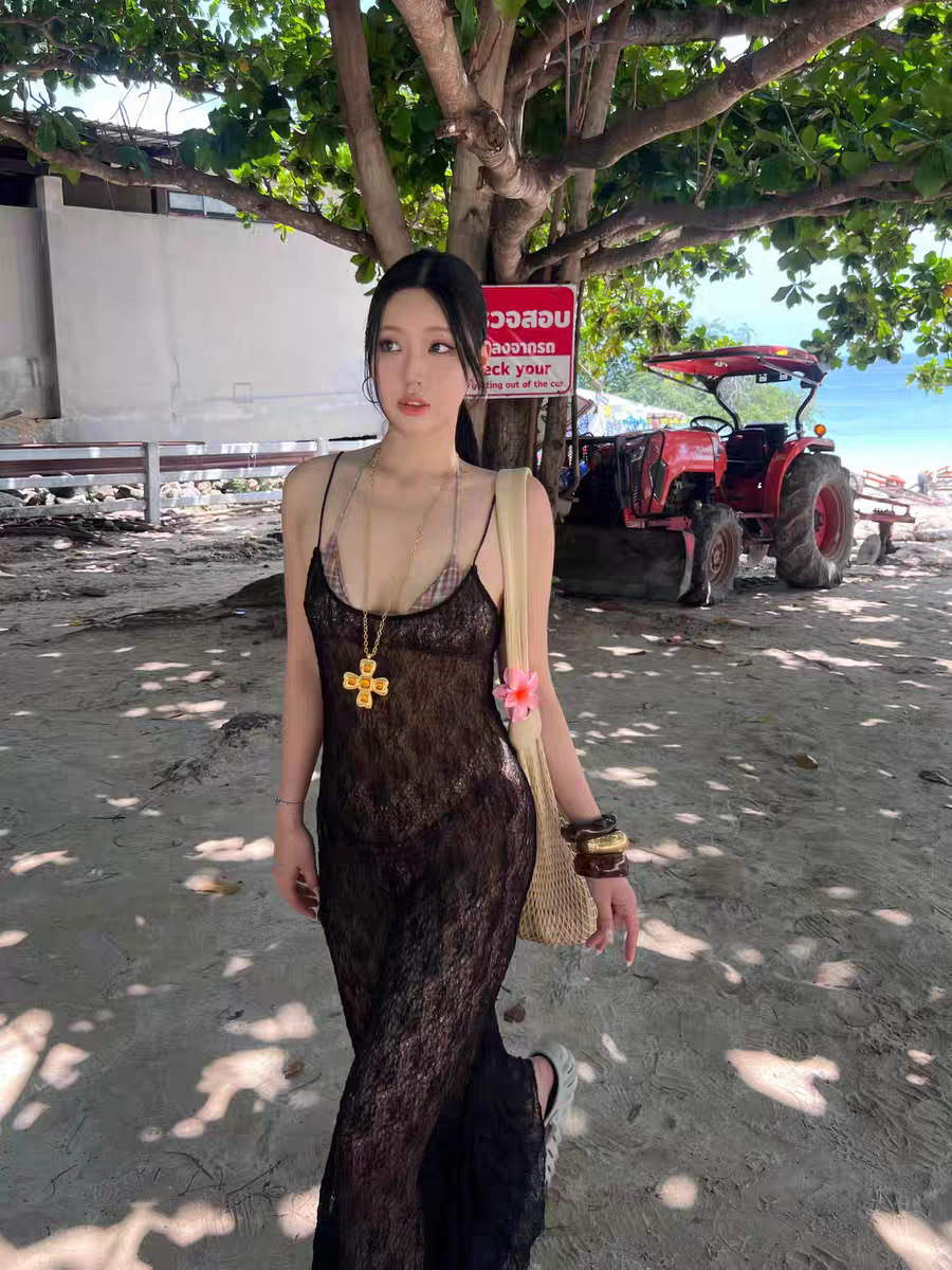 Sexy Lace See through Layered Thin Shoulder Strap Maxi Dress