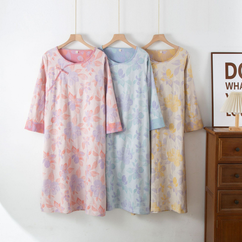 중국 스타일 순수 코튼 잠옷 더블 레이어 거즈 중간 길이 여성 봄, 여름, 가을 얇은 9부 소매 가벼운 럭셔리 코튼 홈 스커트