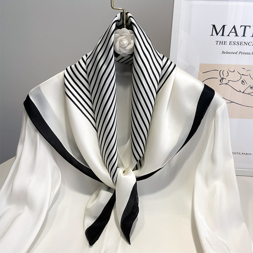 Black and white striped small square scarf silk scarf spring and autumn matching shirt career decoration neck protection neck thin scarf