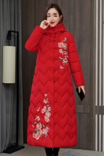 新款国潮中长款过膝加厚刺绣棉服女冬绣花唐装中国风旗袍外套