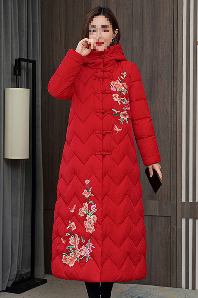 新款国潮中长款过膝加厚刺绣棉服女冬绣花唐装中国风旗袍外套