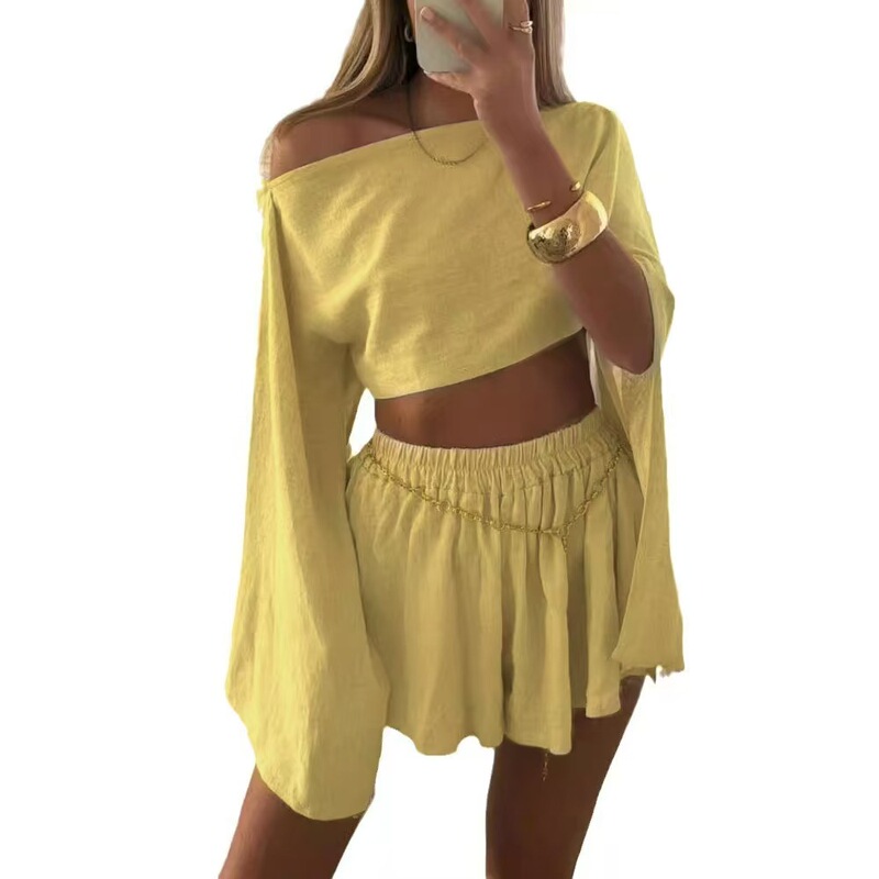 in stock cross-border foreign trade Amazon Temu European and American women's cotton and linen long sleeve top shorts linen suit in stock cross-border foreign trade Amazon Temu European and American women's cotton and linen long sleeve top shorts linen suit