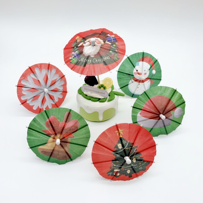 圣诞节日小纸伞木签水果签果插鸡尾酒装饰伞签牙签伞小雨伞蛋糕签