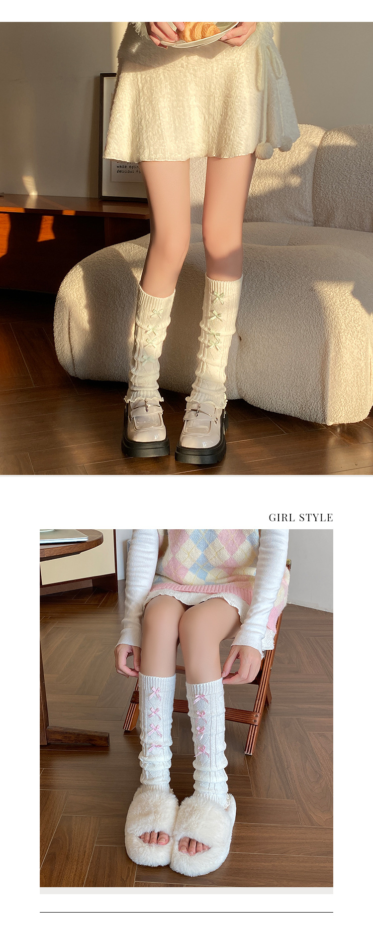 Scaldamuscoli Calzini in cotone alla moda da donna Lolita Plaid Bowknot Calzini impilati Stile balletto Dolce lavorato a maglia Autunno e inverno Vitello_voghion.com