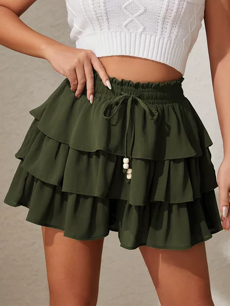 Amazon 2025 Export Women's Three-Layer Cake Skirt Pants European and American High-Quality Elastic Waist Lace-Up Short Skirt Pants for Women