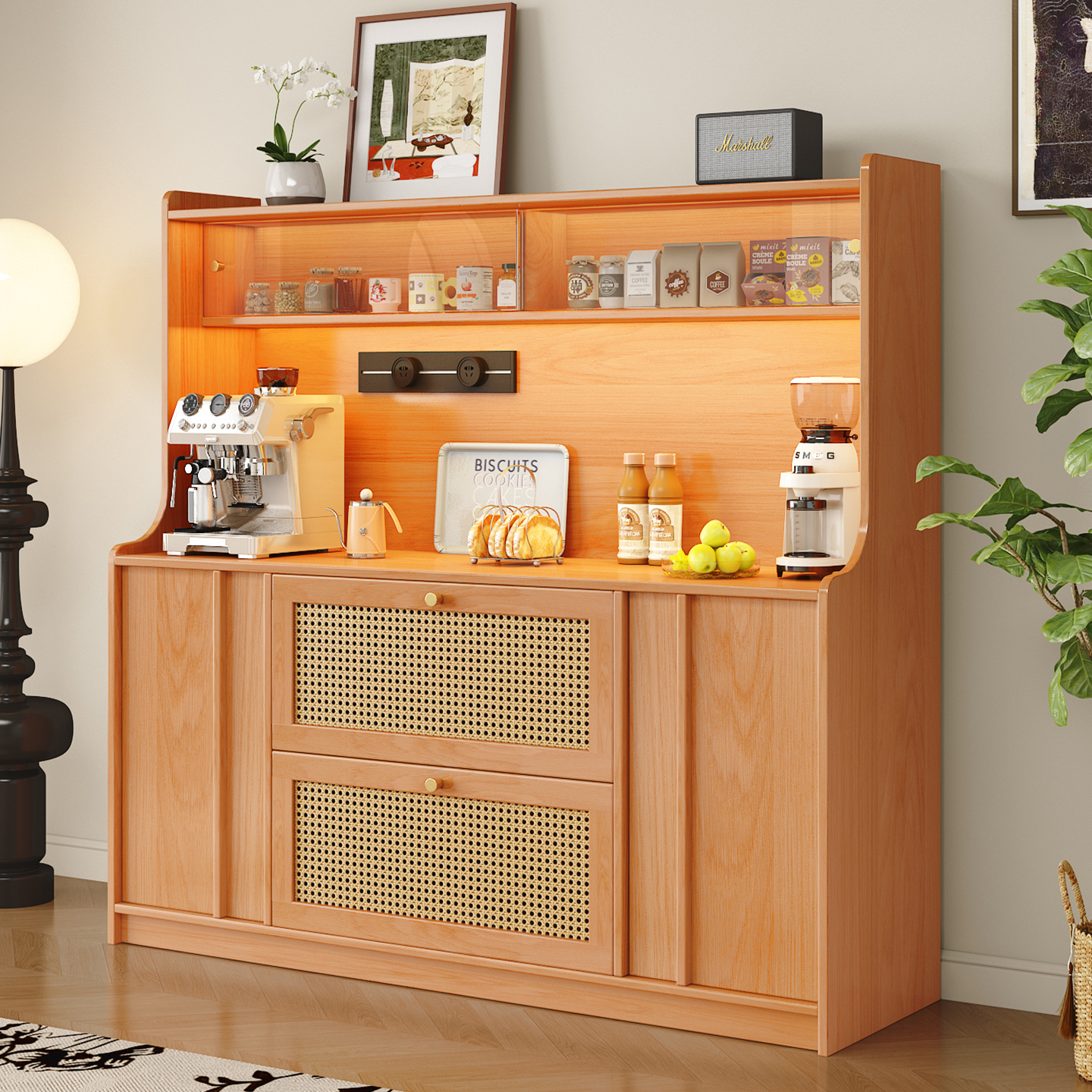 Wooden Sideboard Integrated with Wall-Mounted Rattan Storage, Vintage Home Living Room Tea and Coffee Machine Storage Cabinet, Tea Cabinet
