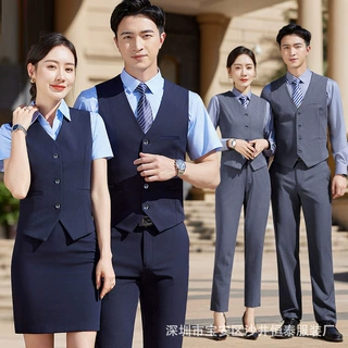 高端男女蓝色西装马甲气质银行酒店工作服灰色马夹职业装套装正装